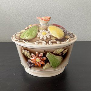 Vintage 1970s Raised Fruit Small Covered Dish // Raised Flower Knob